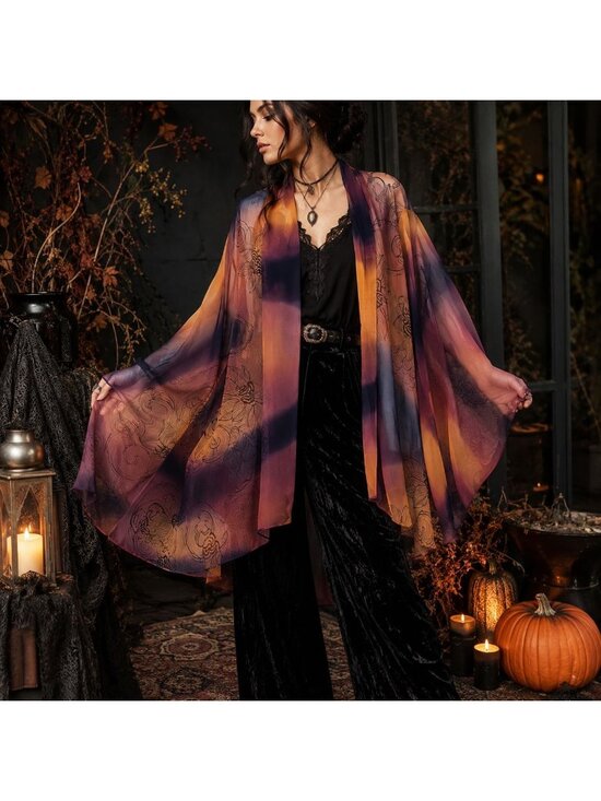 Harari Sweaters - Harari Silk Sheer Kimono Duster Floral Ombré Whimsigoth Witchy Dark Romantic OS